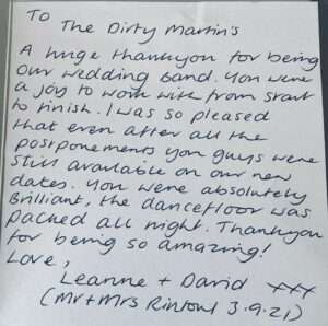 bride and groom feedback thank you for the amazing music the dirty martinis feedback